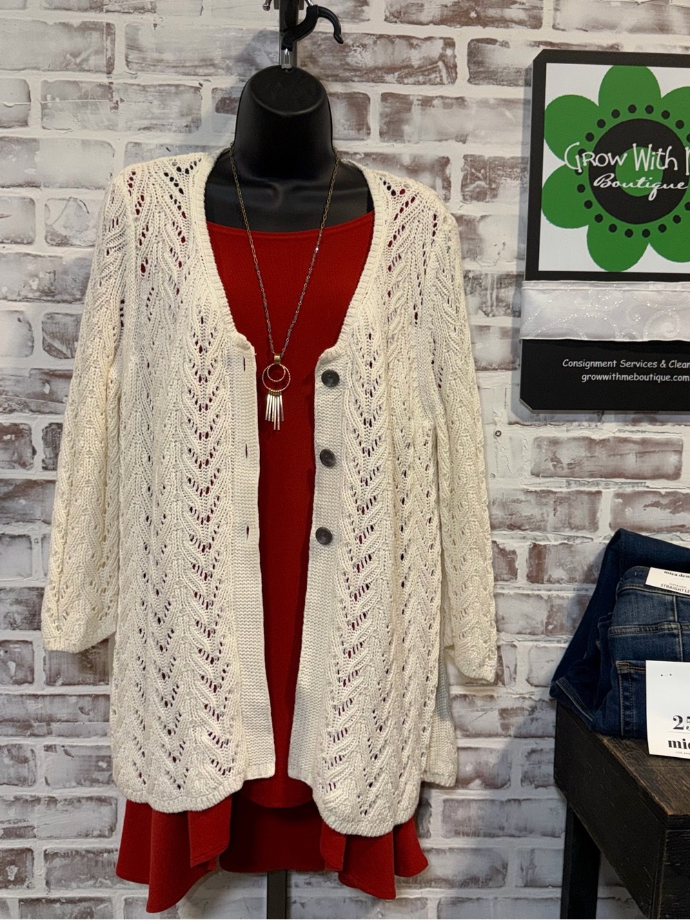 Cream Openwork Knit Cardigan Sweater - Women's